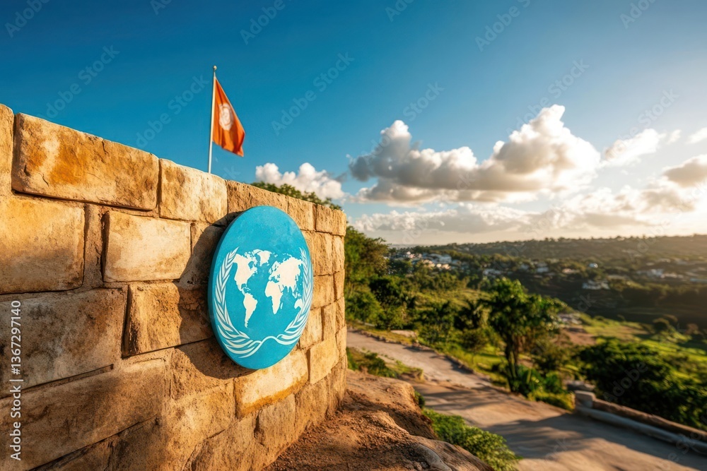 Poster exterior scene of a stone wall with a round emblem and a flag against a backdrop of green hills and 