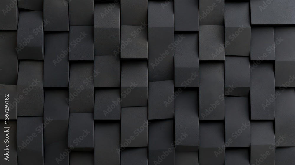 Poster Textured abstract black geometric surface dimensional rectangular block pattern backdrop. Dark gray stone cubes in repeating design modern style