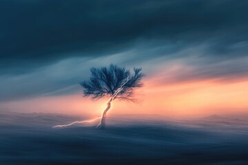 Obraz premium Lone tree in snowy field, struck by lightning at sunset; dramatic, ethereal landscape.