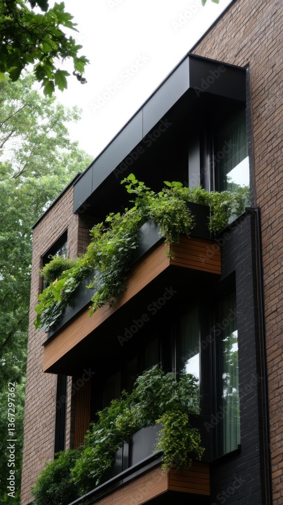 Poster modern architectural facade featuring brickwork balconies lush greenery and large windows reflecting