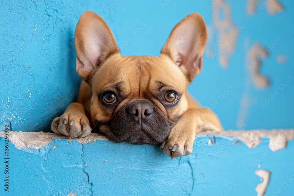 Poster close up portrait of a brown french bulldog resting on blue concrete steps with a distressed texture