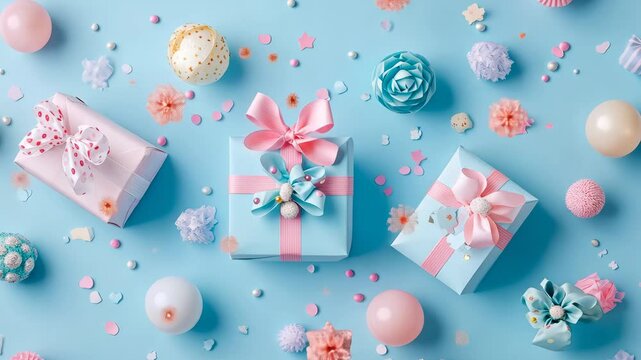 Festive pastel celebration! Gifts, confetti, balloons, and delicate decorations arranged in a sweet, joyful and lighthearted style