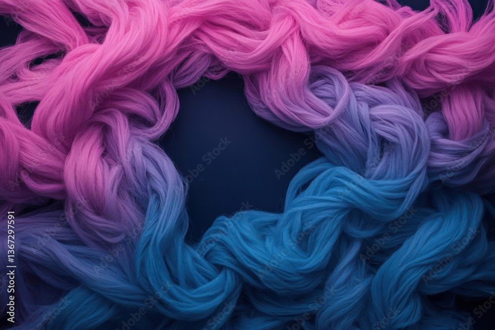 Poster Abstract textile arrangement with vibrant gradient colors. Twisted threads in pink and blue create a circular pattern against dark background