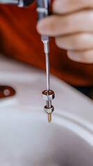 Photo of a Hand with Screwdriver Fixing a Faucet Closeup in Bright Lighting