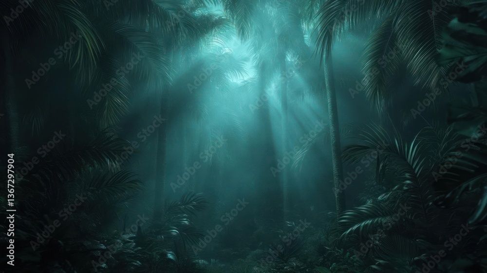Poster Lush tropical forest scene illuminated by ethereal light beams creating a mystical and atmospheric ambiance