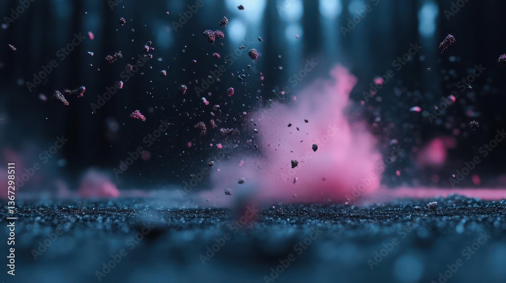 Poster Abstract composition with pink powder explosion and floating particles against dark forest background. Dramatic lighting captures the moment with focus on texture and depth