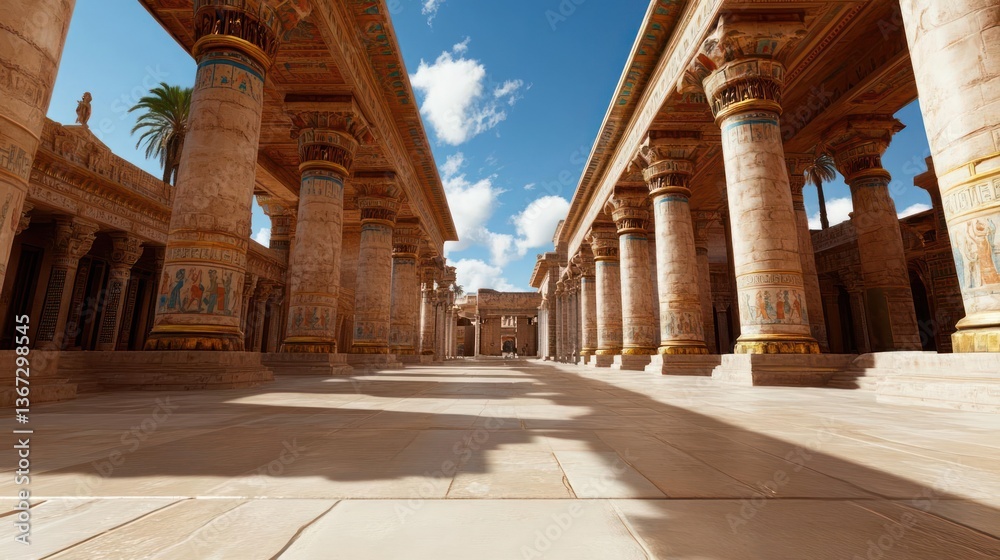 Poster generic temple interior with towering columns intricate carvings and hieroglyphs golden sunlight cas