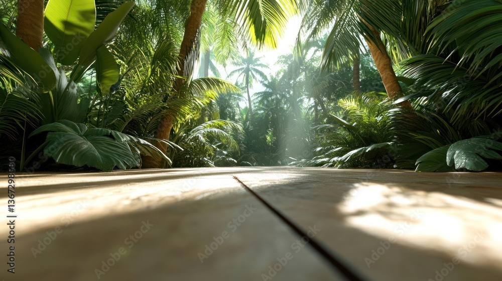 Aufkleber lush green tropical foliage with sun rays streaming through dense trees creates a vibrant atmospheri