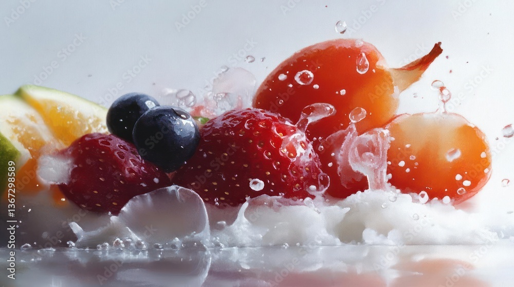 Poster fresh fruit splash with blueberries strawberries and grapes set on a white surface. water droplets a