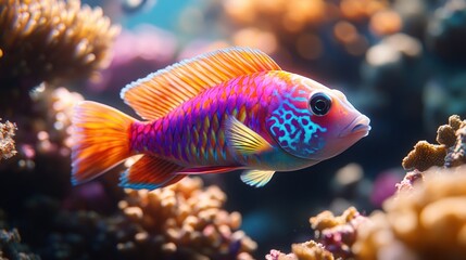 Obraz premium Vibrant coral reef fish swimming amidst colorful coral.