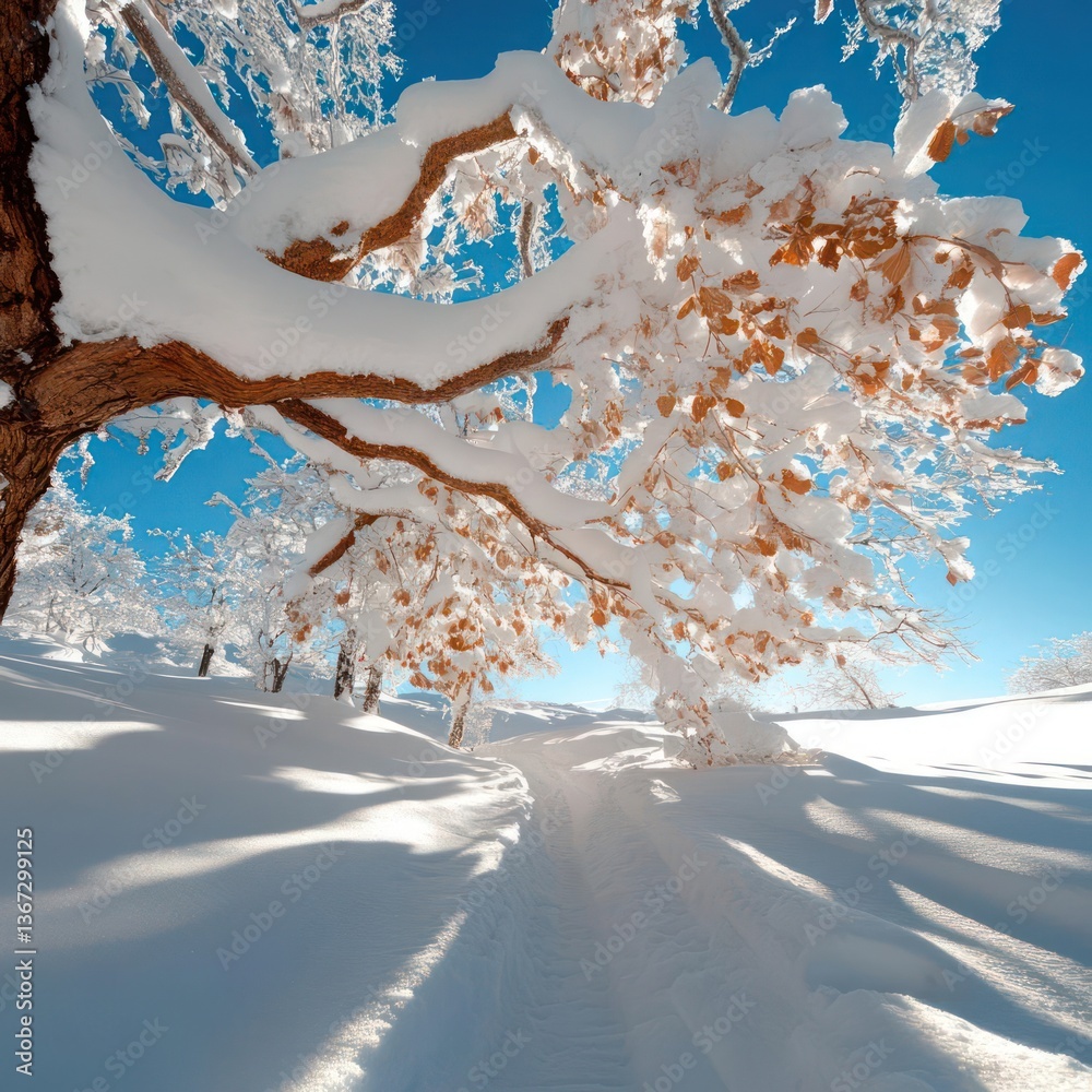 Aufkleber snow covered tree branches with autumn leaves against a bright blue sky creating a winter wonderland