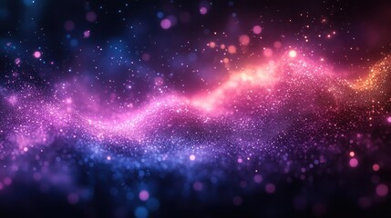 Obraz premium Abstract cosmic nebula with pink, purple, and blue glowing particles forming wavy patterns on a dark background.