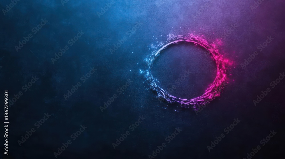 Aufkleber Abstract composition of a glowing circle with a textured surface in blue and pink hues on a dark background with scattered specks evoking a cosmic or ethereal atmosphere