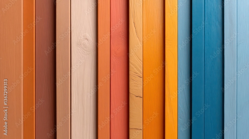 Fototapete Vertical array of colorful wooden planks in various shades arranged closely showing texture and pattern. The image is well lit with natural daylight and has a seamless background