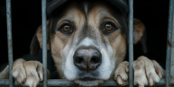 Photo of a Sad Dog Behind Bars with Brown Eyes Looking at the Viewer