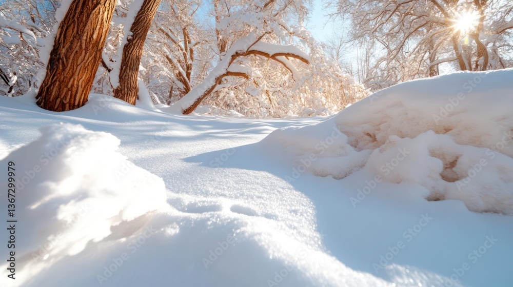 Aufkleber Close-up view of snow-covered landscape with trees under sun rays creating a serene and cold atmosphere. Sunlight filters through branches illuminating the snowy ground and details