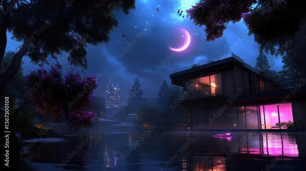 Poster Modern house with illuminated windows reflecting in a dark lake surrounded by trees under a starry night sky with a crescent moon