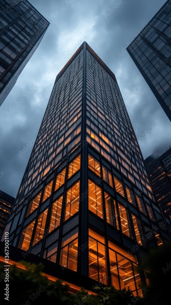 Poster Architectural photograph of a tall skyscraper with illuminated windows against a dramatic cloudy sky