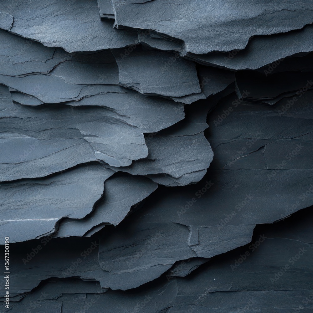 Poster Abstract close-up view of layered slate stone texture with rough edges and dramatic lighting creating a pattern