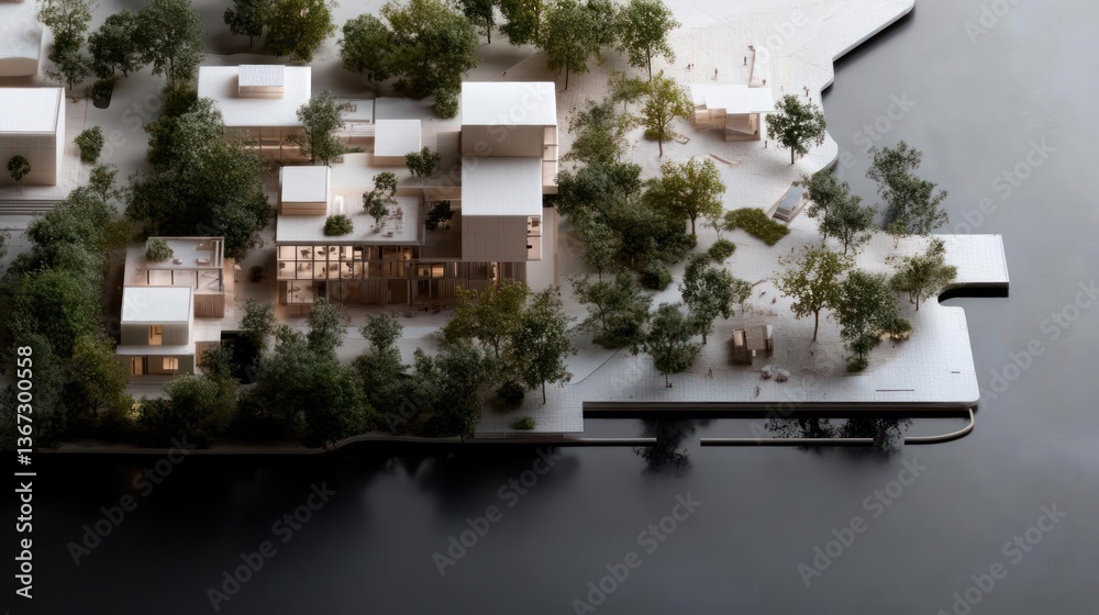 Poster aerial view architectural model showcasing residential structures with lush green vegetation and wat