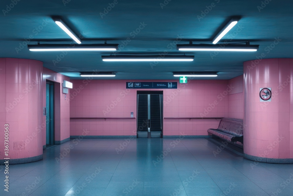 Poster pink and teal interior scene in a public space with symmetrical composition neon lights and textured