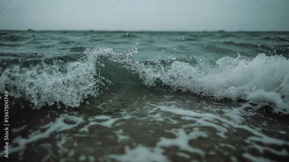 Poster close-up view of ocean waves crashing on shore with turquoise water and white foam dark moody overca