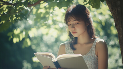 Fototapeta premium 公園の木陰で読書を楽しむノースリーブ姿の日本人女性