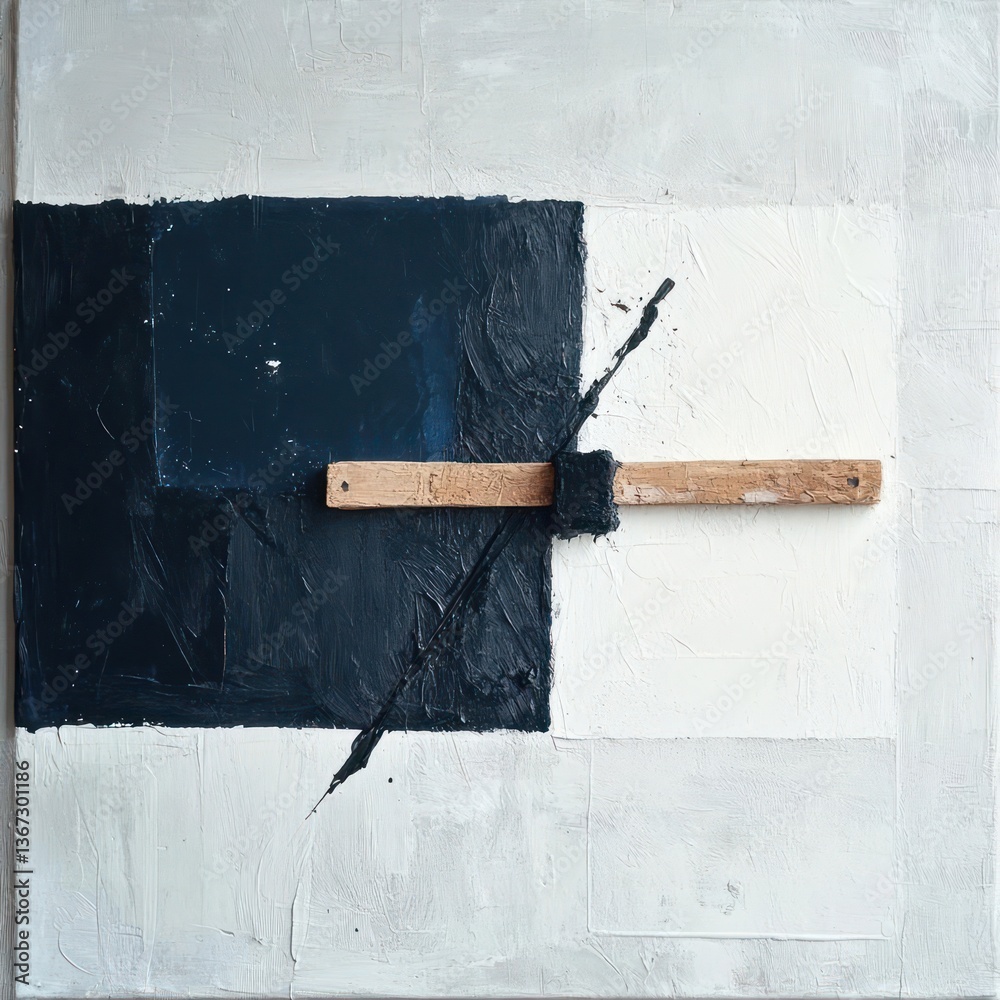 Poster Abstract artwork featuring a textured background a dark blue square a wooden element and splashes creating a modern and minimalist composition
