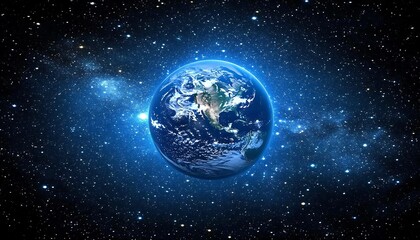 Earth in the vast space surrounded by twinkling stars and light