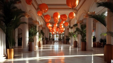 Ornate hallway interior featuring golden ceiling ornaments orange lanterns and indoor plants creating a luxurious and inviting atmosphere with bright natural light