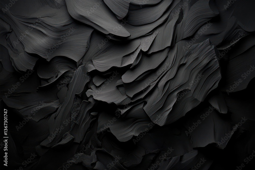 Poster Abstract textured black background features layered organic shapes with a soft lighting effect and intricate details creating a dramatic and modern visual