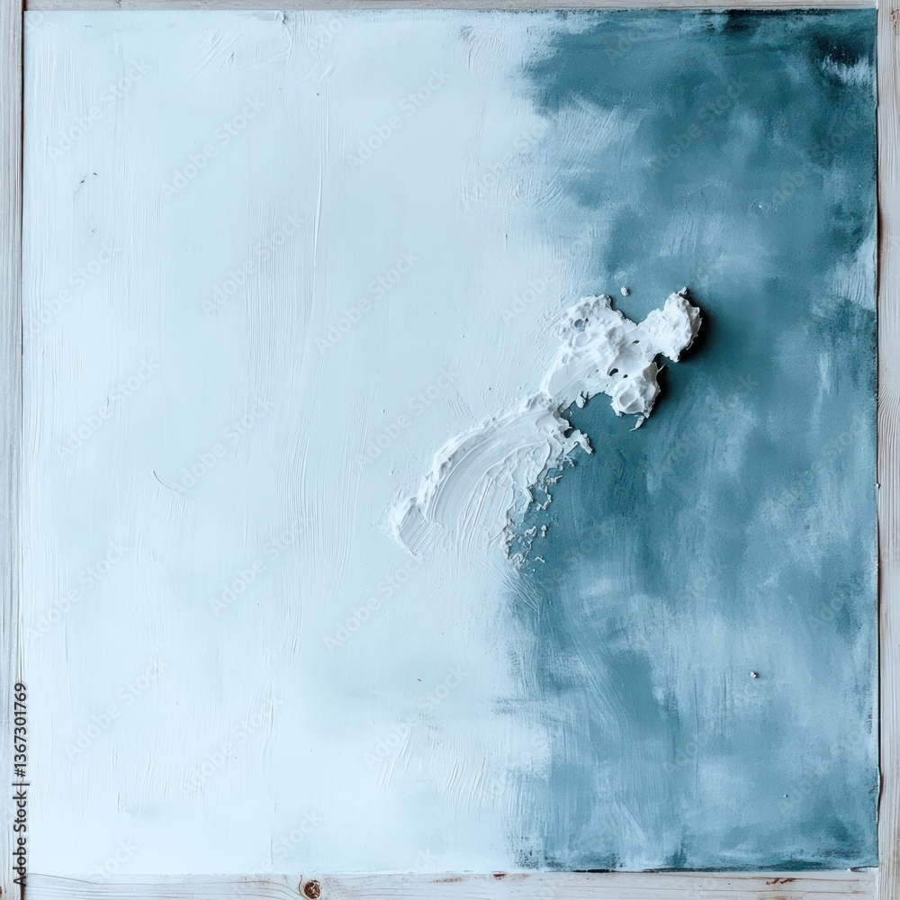 Poster abstract textured artwork in blue and white with a rough surface and wooden frame