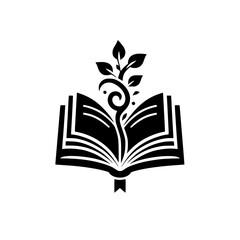 Knowledge Blooms: Black and White Emblem of a Book and Growing Plant