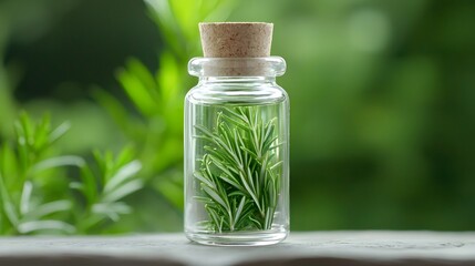 Freshly Extracted Rosemary Essential Oil in a Transparent Glass Bottle Showcasing the Natural Botanicals for Wellness Skincare and Aromatherapy Applications