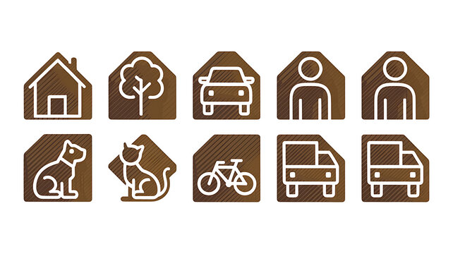 Brown icons depict various home and personal items.
