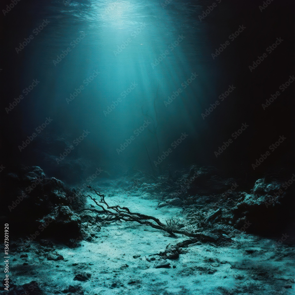 Poster underwater scene with sun rays shining through the surface illuminating the ocean floor and textured