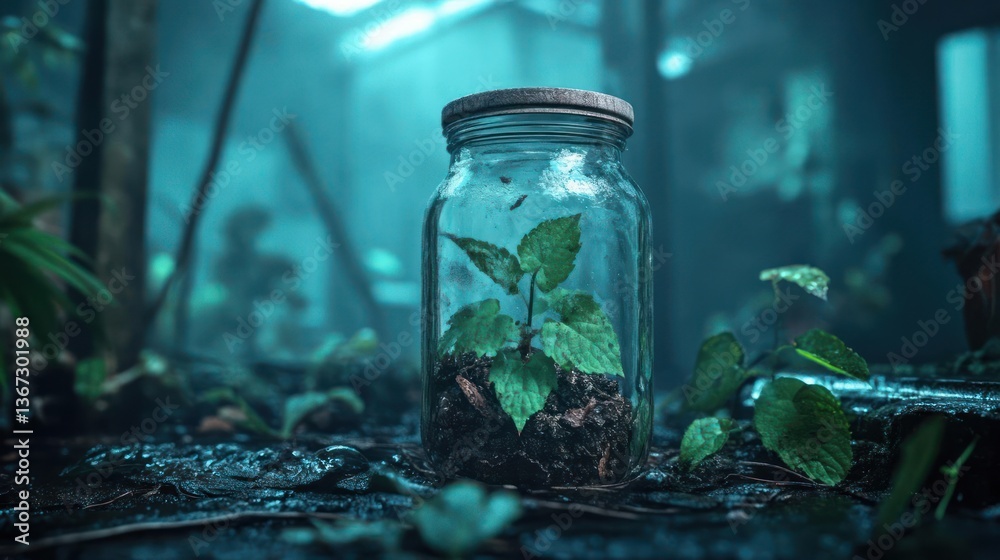 Poster a jar containing a growing plant sits amidst a blurred, moody background of greenery and a damp envi