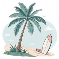 Relaxing beach setup with a coconut tree and a bodyboard under soft colors on a white background