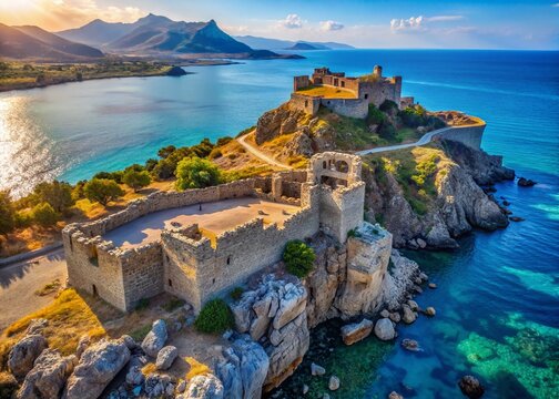 Aerial View of Feraklos Castle Ruins, Haraki, Rhodes, Greece - Ancient Acropolis Remains