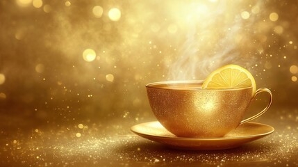 Golden Tea Cup with Lemon in Bokeh Background