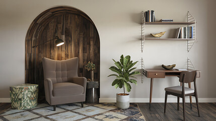 Cozy home office nook with wooden accents