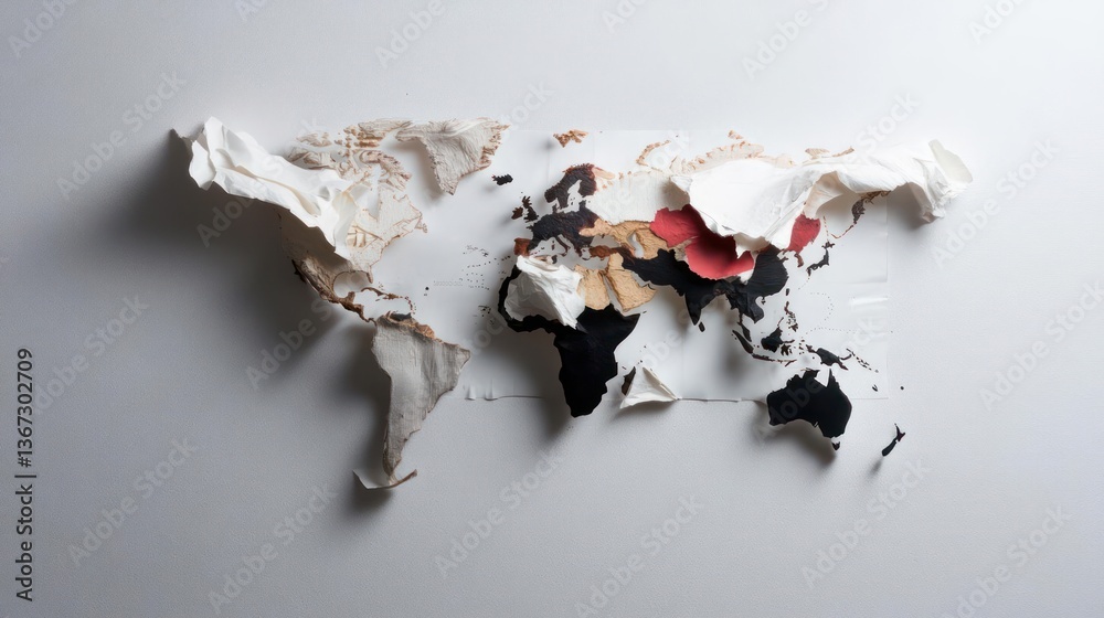 Poster Papercraft world map on white surface with various color regions representing different continents and countries conceptual design