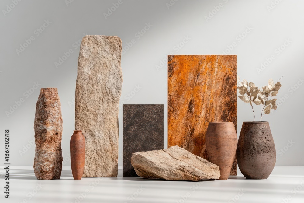 Aufkleber Assortment of textured ceramic and stone objects arranged on a white surface. The collection includes various shapes and sizes with a neutral color palette accented by light and shadow