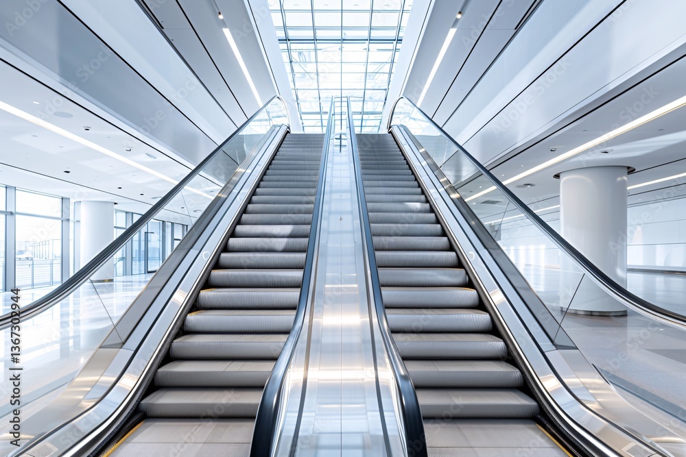Aufkleber two empty escalators are going up to a luminous skylight in a modern building