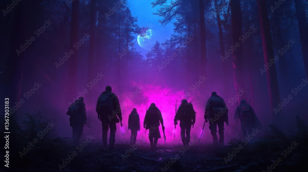Poster silhouette of a group of people walking towards a bright light in the middle of a mysterious forest 