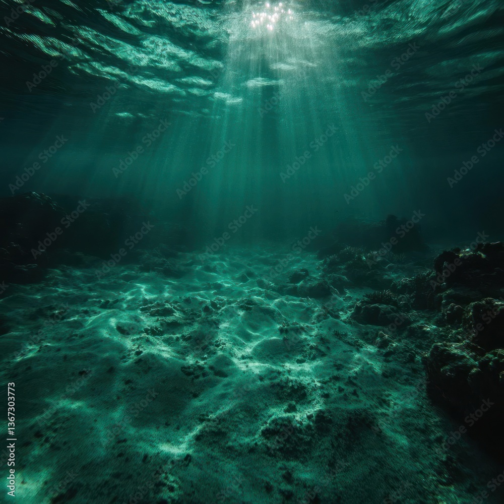 Poster underwater scene with sandy seabed and rocky formations illuminated by sunbeams in teal tones creati