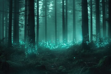 Enchanted forest at night, glowing flora illuminates the misty trees, creating a magical atmosphere.