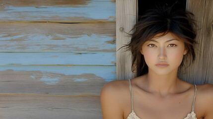 Photo of a Young Asian Woman with Brown Eyes and Hair on Rustic