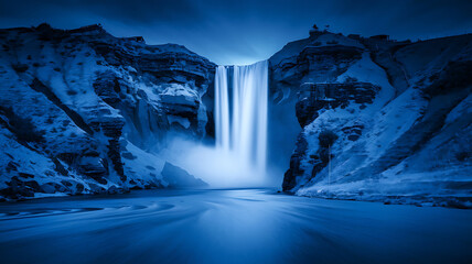 A breathtaking monochromatic blue long exposure shot of a powerful waterfall cascading down a dramatic cliff face at night