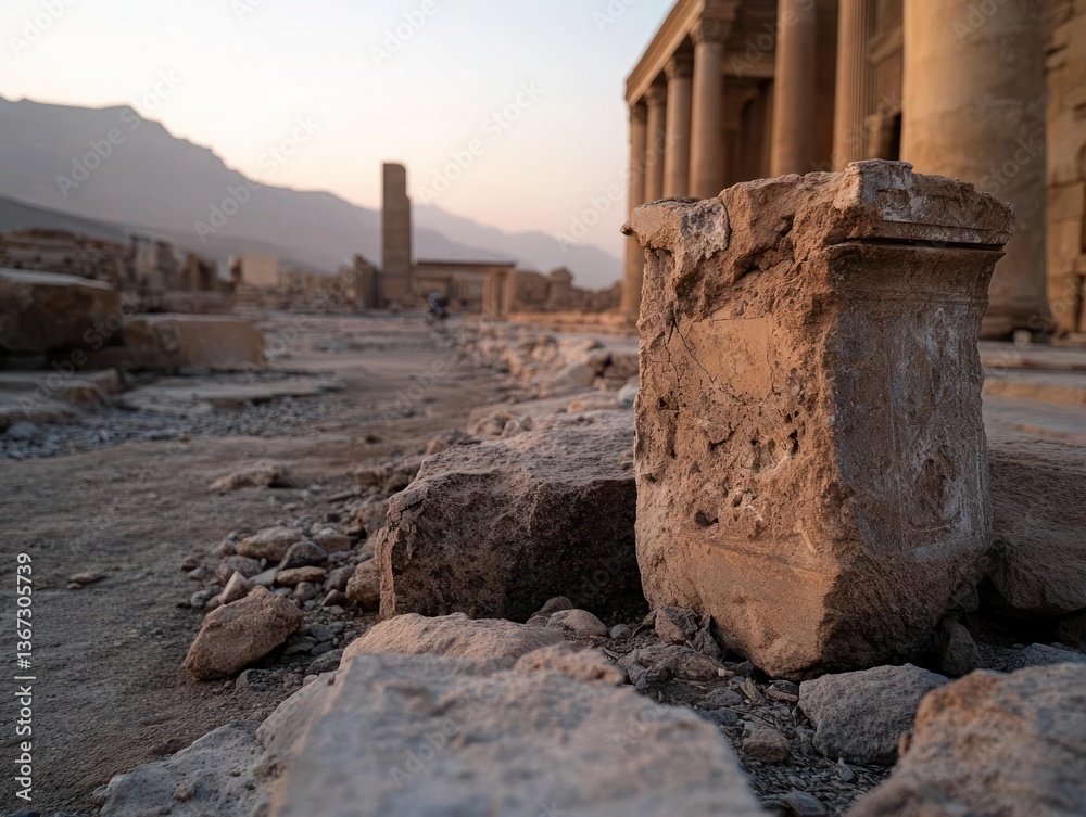 Poster Ancient ruins at sunset with weathered stone columns and mountain background evoke history and time's passage